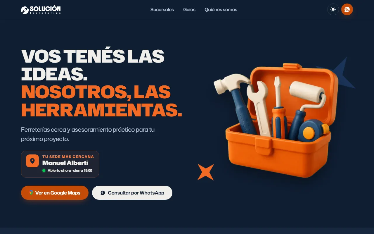 Página de inicio de Ferretería Solución con su promesa 'vos tenés las ideas, nosotros las herramientas' y la sede más cercana